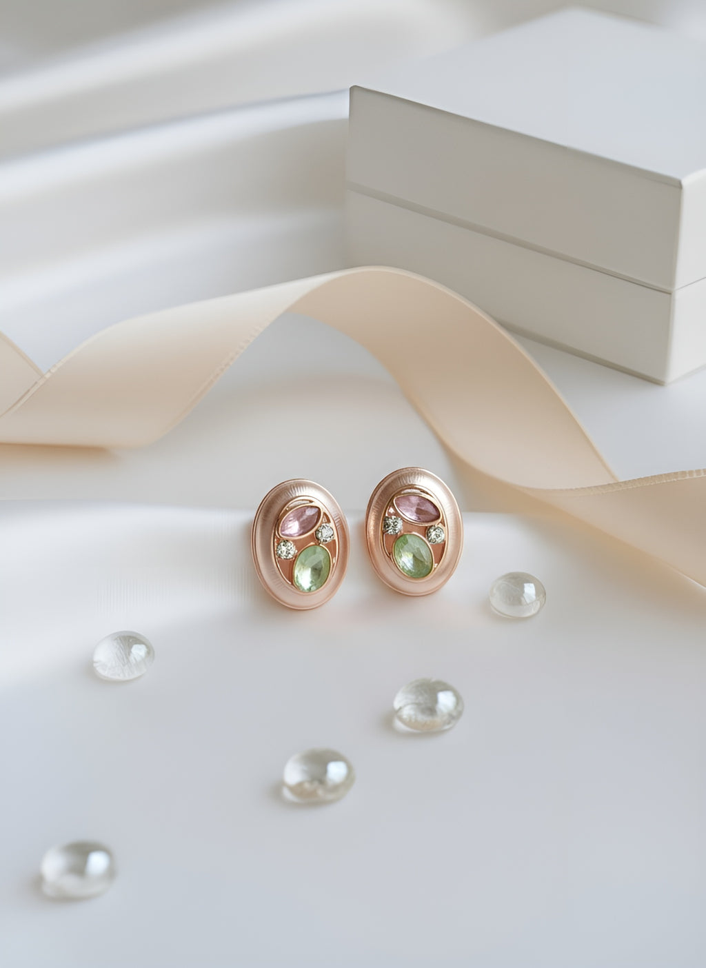 Rose gold earrings with green gemstones on a white surface with pearls and a ribbon.