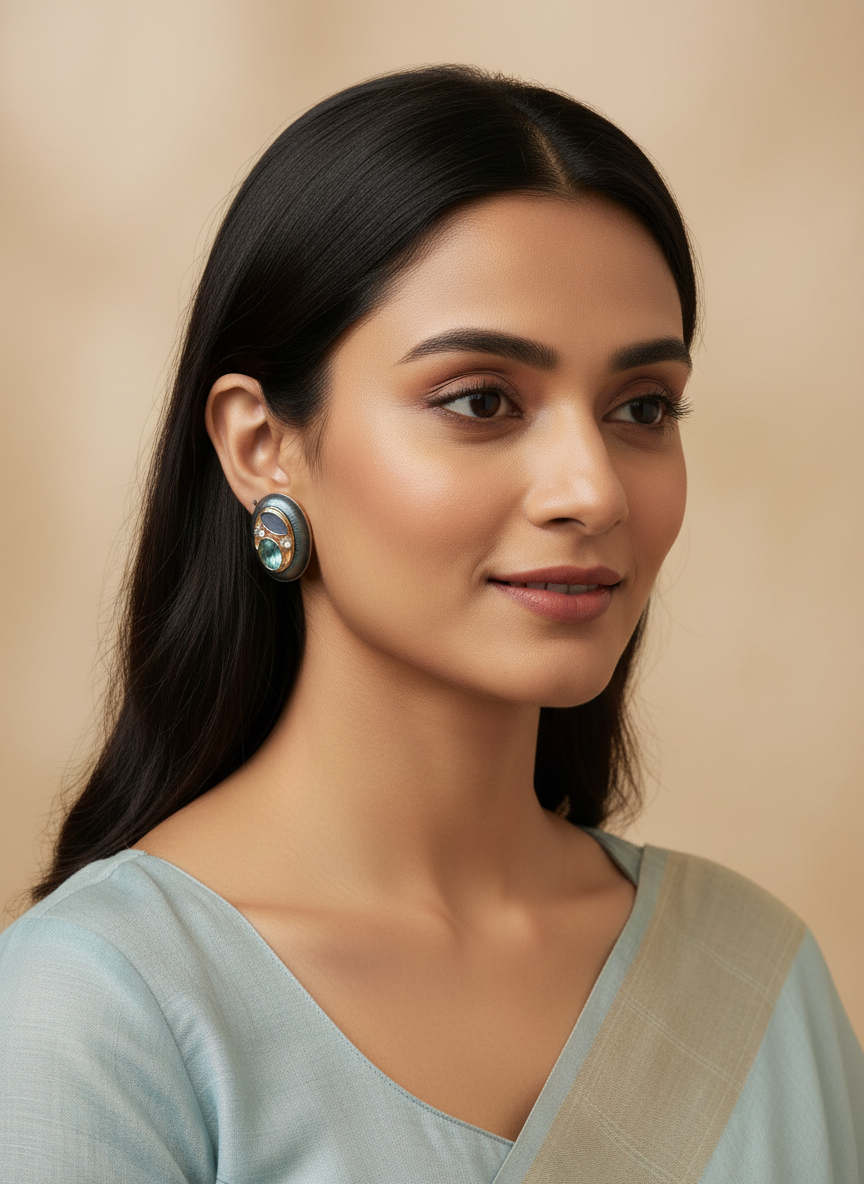 Woman wearing earrings with a beige background